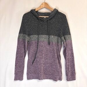 Hooded‎ Top Women S Purple Grey Colorblock Ribbed Knit Casual Soft Stretch